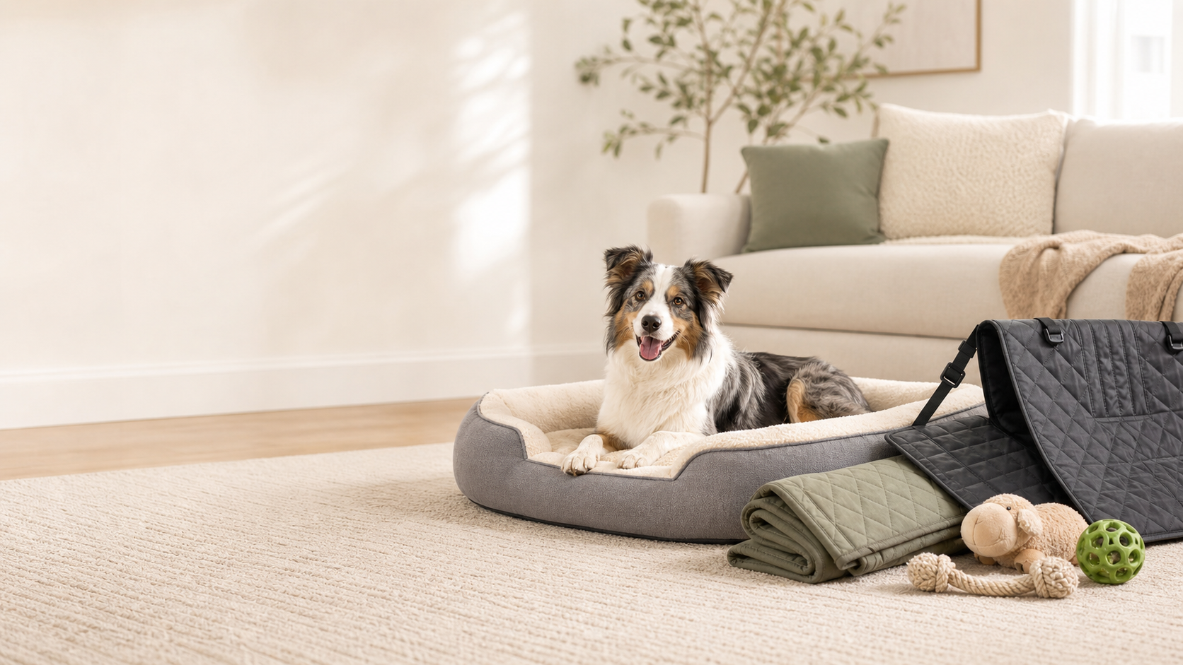 Dog resting on a plush washable bed with pet supplies
