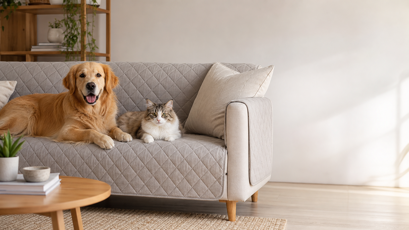 Dog and cat on a sofa with a washable pet sofa cover